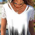 thumbnail image 3 of Camisa de manga corta para mujer, mangas de encaje con retales, cuello en V, camisa holgada estampada para mujer, Top para fiesta diaria de verano, negro S, 3 of 6