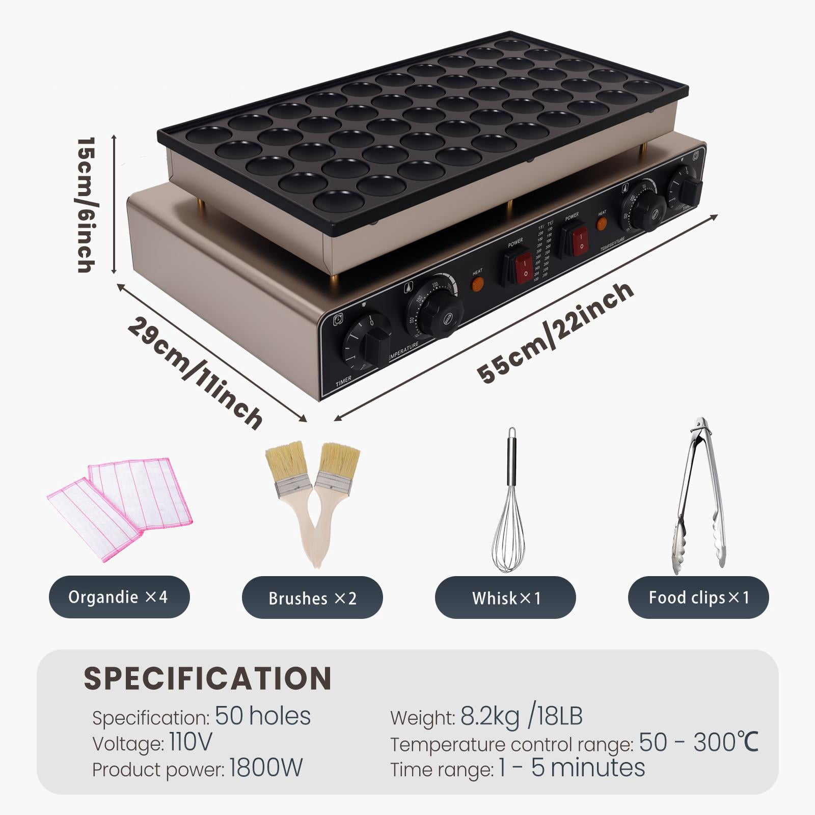 Tanfengu 50-Hole Electric Mini Pancake Maker,Electric Nonstick Waffle Maker, 1800W Nonstick Baker with Adjustable Temp Timer for Breakfast Bars & Cafes