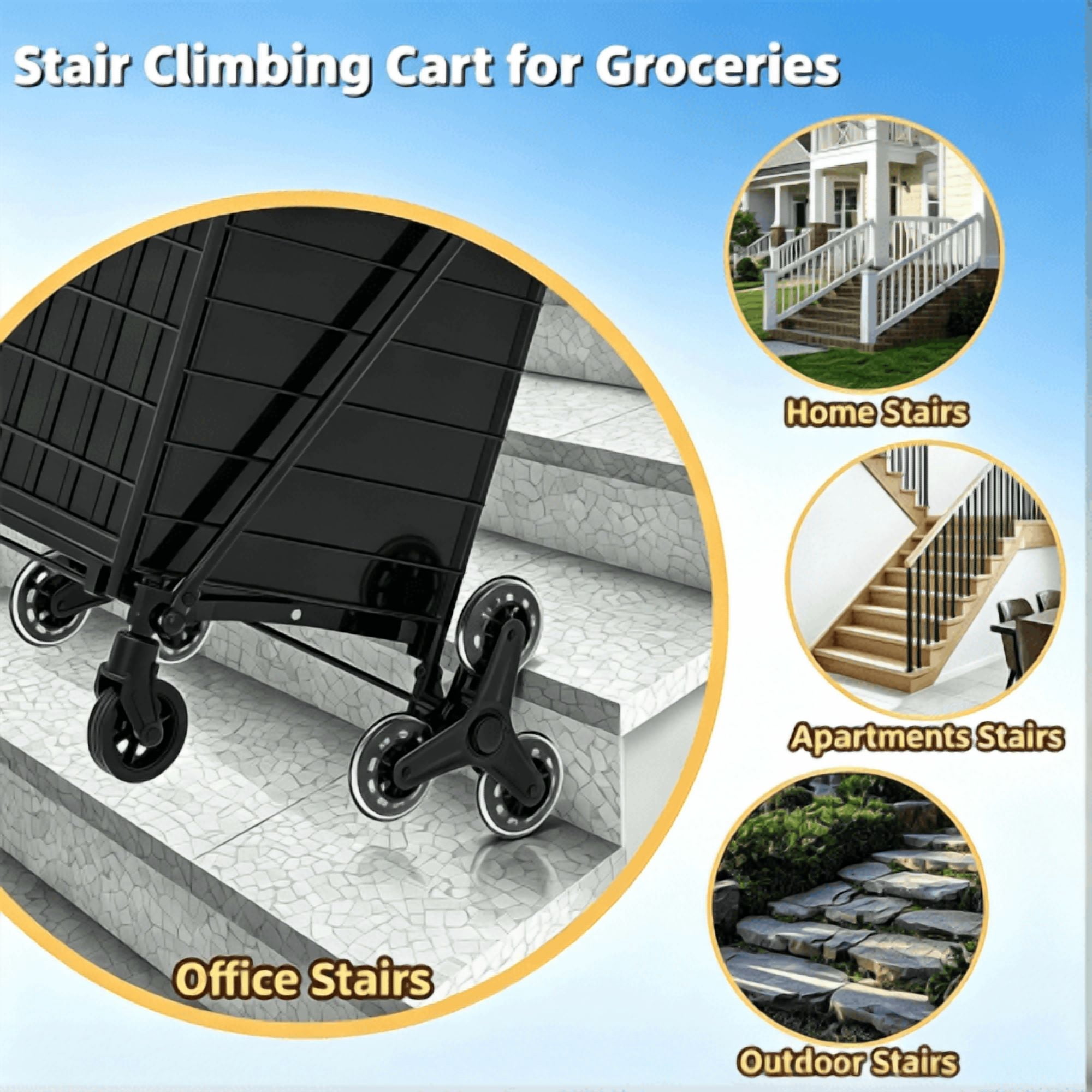 Stair Climbing Shopping Cart, Foldable Utility Cart with 360° Swivel Wheels, 120 lbs Capacity, 65L Storage for Groceries & Laundry