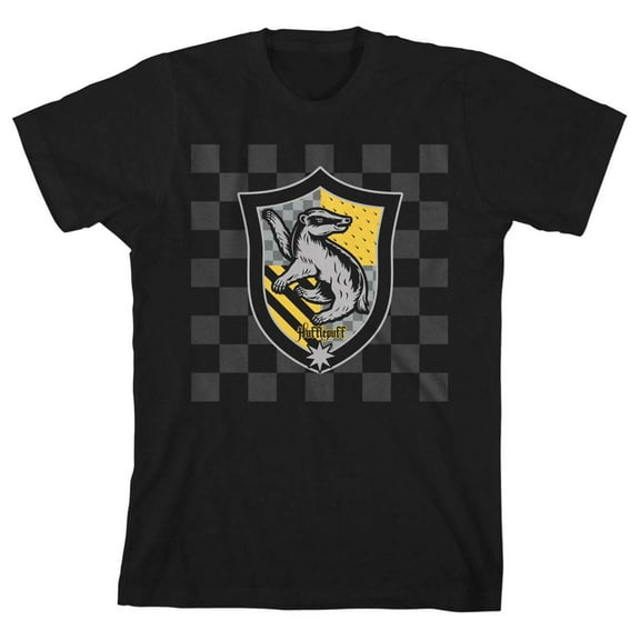 Harry Potter Hufflepuff Crest Checkered Background Boy's Black Tee-M