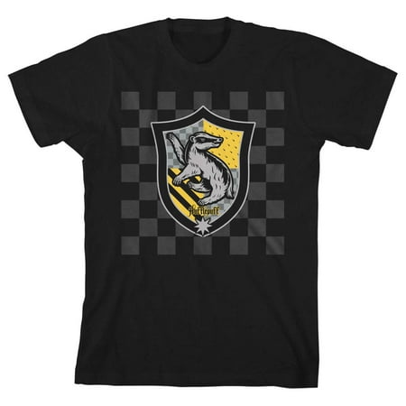 Harry Potter Hufflepuff Crest Checkered Background Toddler Boy s Black Tee-3T