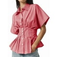 thumbnail image 2 of Womens Striped Peplum Button Down Shirts Short Sleeve Pleated Tops Summer Business Casual Blouses Red Stripes XL, 2 of 7