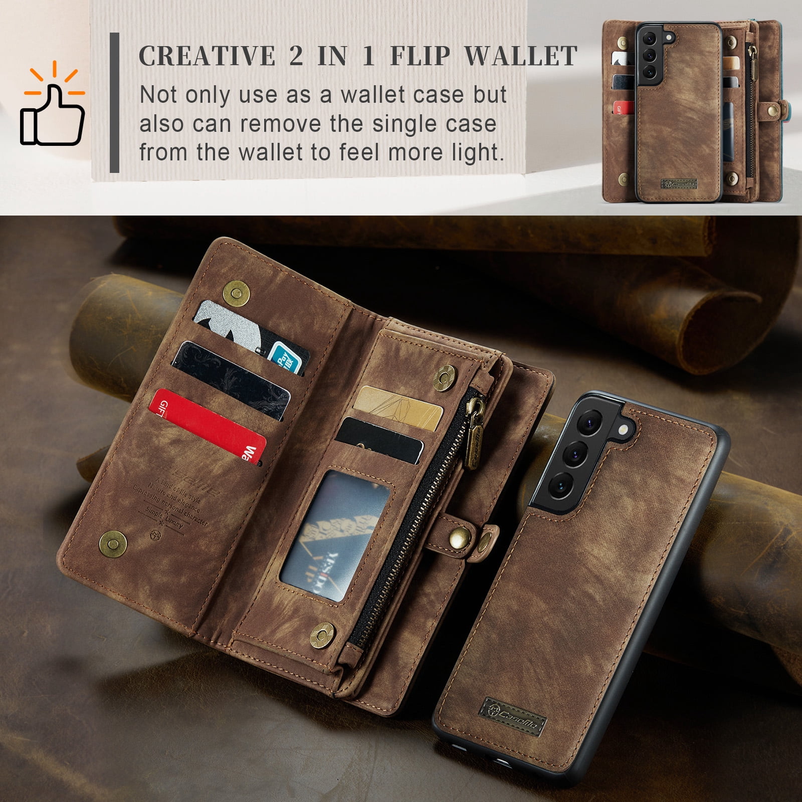 Feishell Durable 2-In-1 Magnetic Detachable Wallet Case for Samsung Galaxy S22,for Women Men,Premium PU Leather Zipper Pocket Flip Multi Card Slots Purse Phone Case with Wrist Strap,Darkbrown