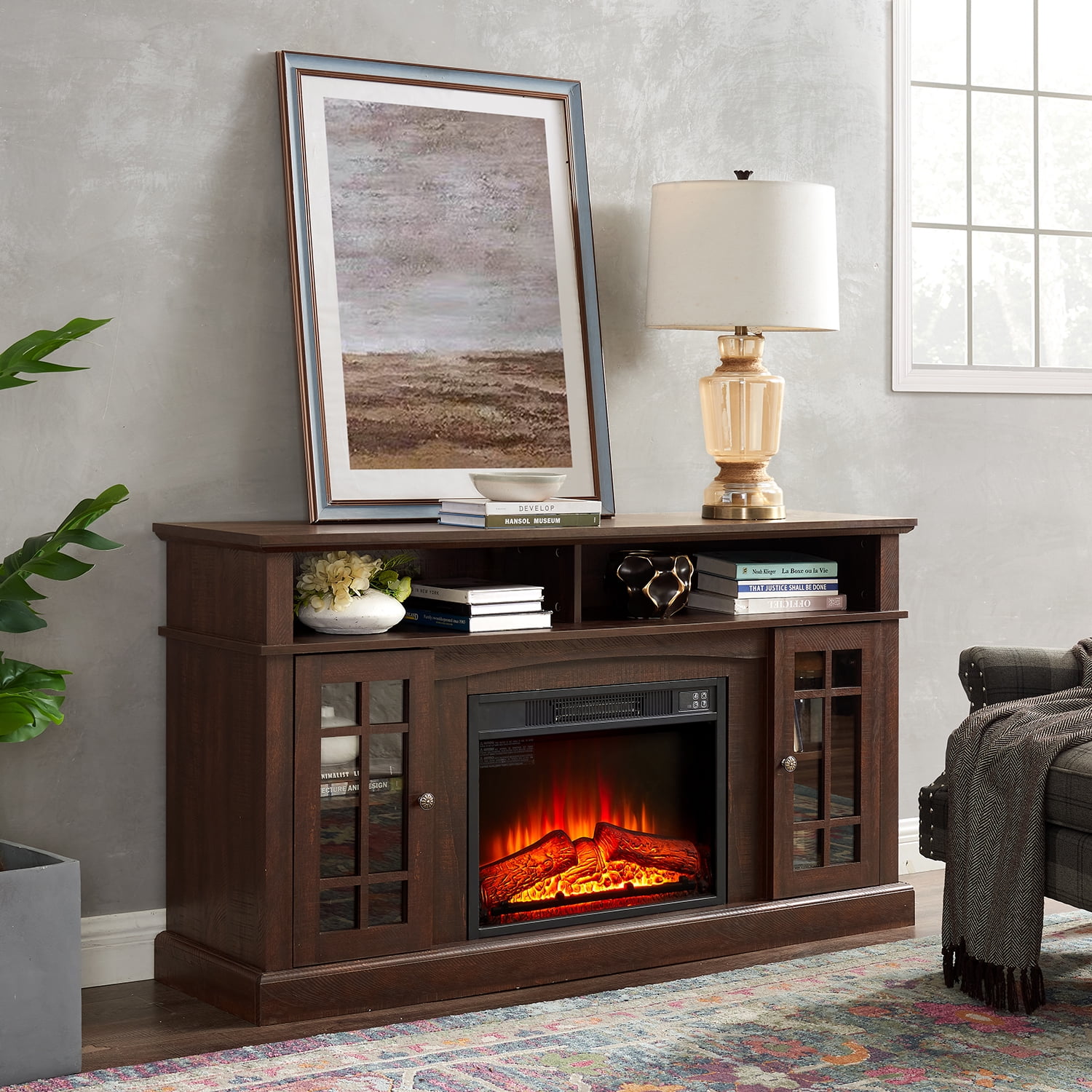 58" Farmhouse TV Stand with 23" Electric Fireplace Heater, Rustic Entertainment Center for TVs up to 65", Multi-Storage Cabinets, Espresso