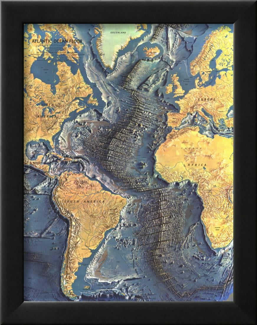 1968 Atlantic Ocean Floor Map Framed Print Wall Art By