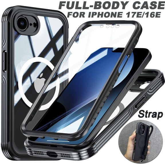 COAROVER for iPhone 16e/17e Magnetic Case,Full-Body Protective Phone Cover with Wrist Strap,Built-in Screen Protector,Mag Safe Compatible,Shockproof TPU Bumper Water-Resistant Cover,Black