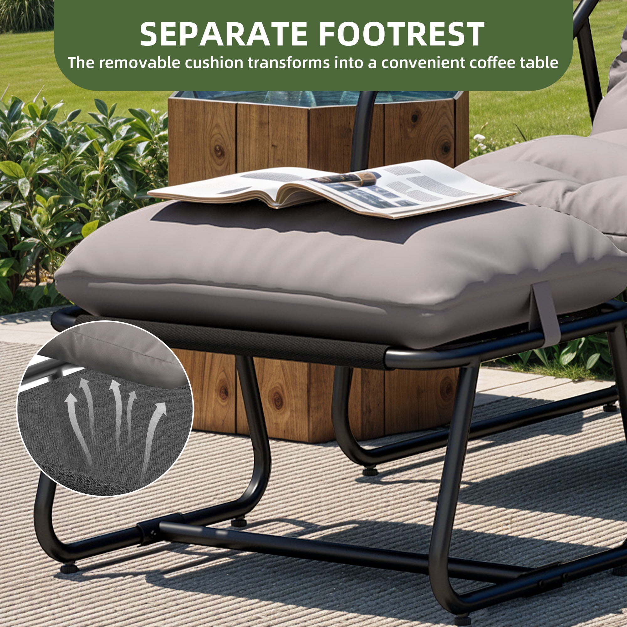 Uforic Patio Outdoor Lounge Chair with Ottoman, Comfy Sling Recliner Set, Textilene Papasan Chair with Puffy Cushion, Dark Gray