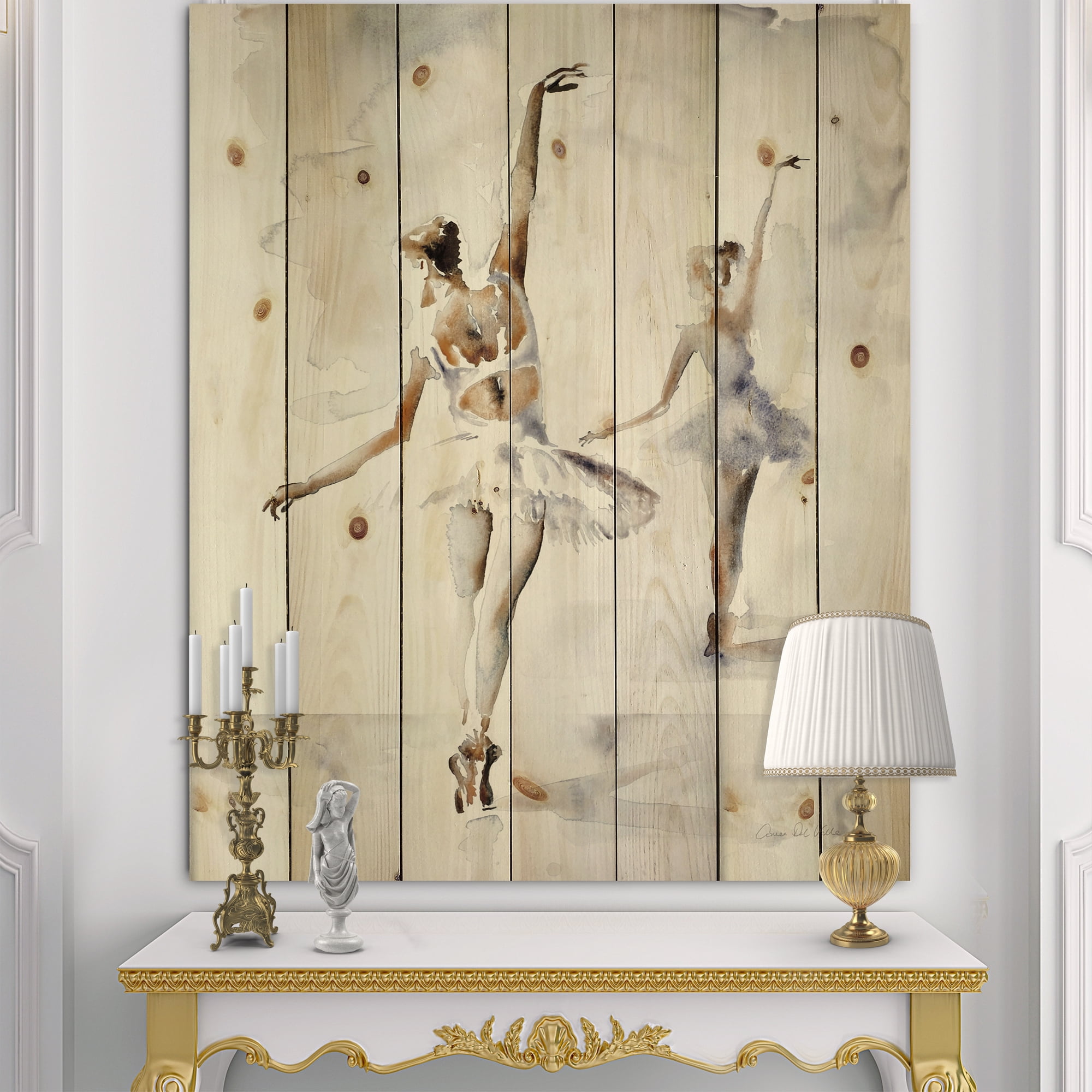Designart 'watercolors Women Ballerinas Dance' French Country Print on Natural Pine Wood