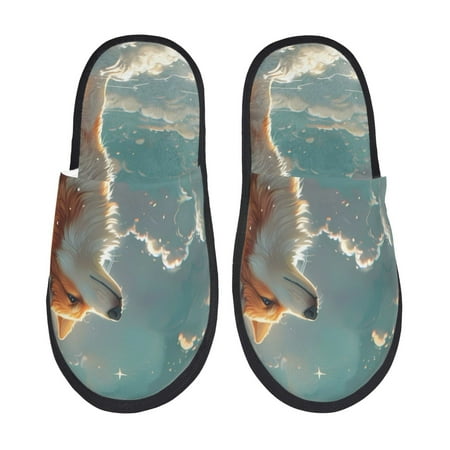 

Adobk Starry Sky Cloud Fox Print Slippers Indoor Outdoor Retro Slippers House Soft Fluffy Slides Cushion Furry Slippers-Large