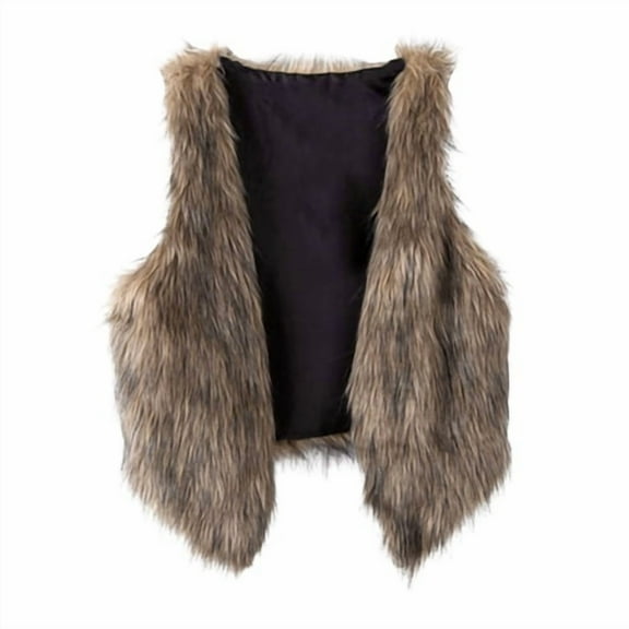 Skymirror Ladies Fall Winter Vest Faux Leather Faux Fur Fluffy Sleeveless Cardigan V Neck Thick Open Stitch Casual Short Waistcoat Outerwear