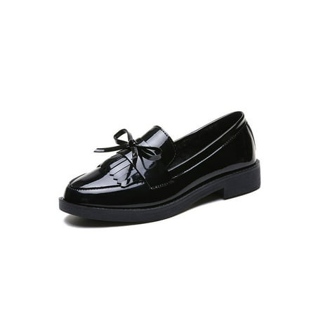 

Woobling Women Comfortable Tassel Loafer Bow Tie School Non-Slip Round Toe Loafers Black 7