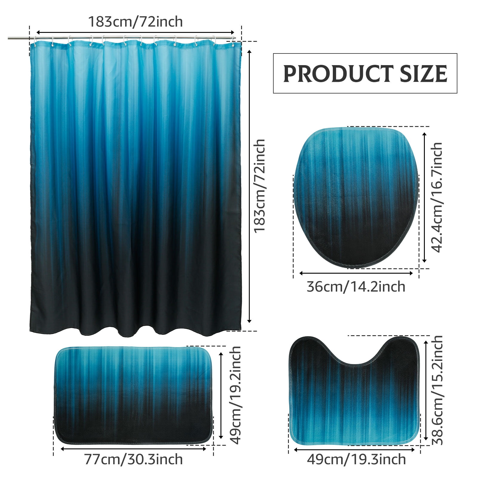 Dznils Black and Teal Ombre Shower Curtain Set with Rug, 16pc Modern Bathroom Decor Set, 72" x 72"