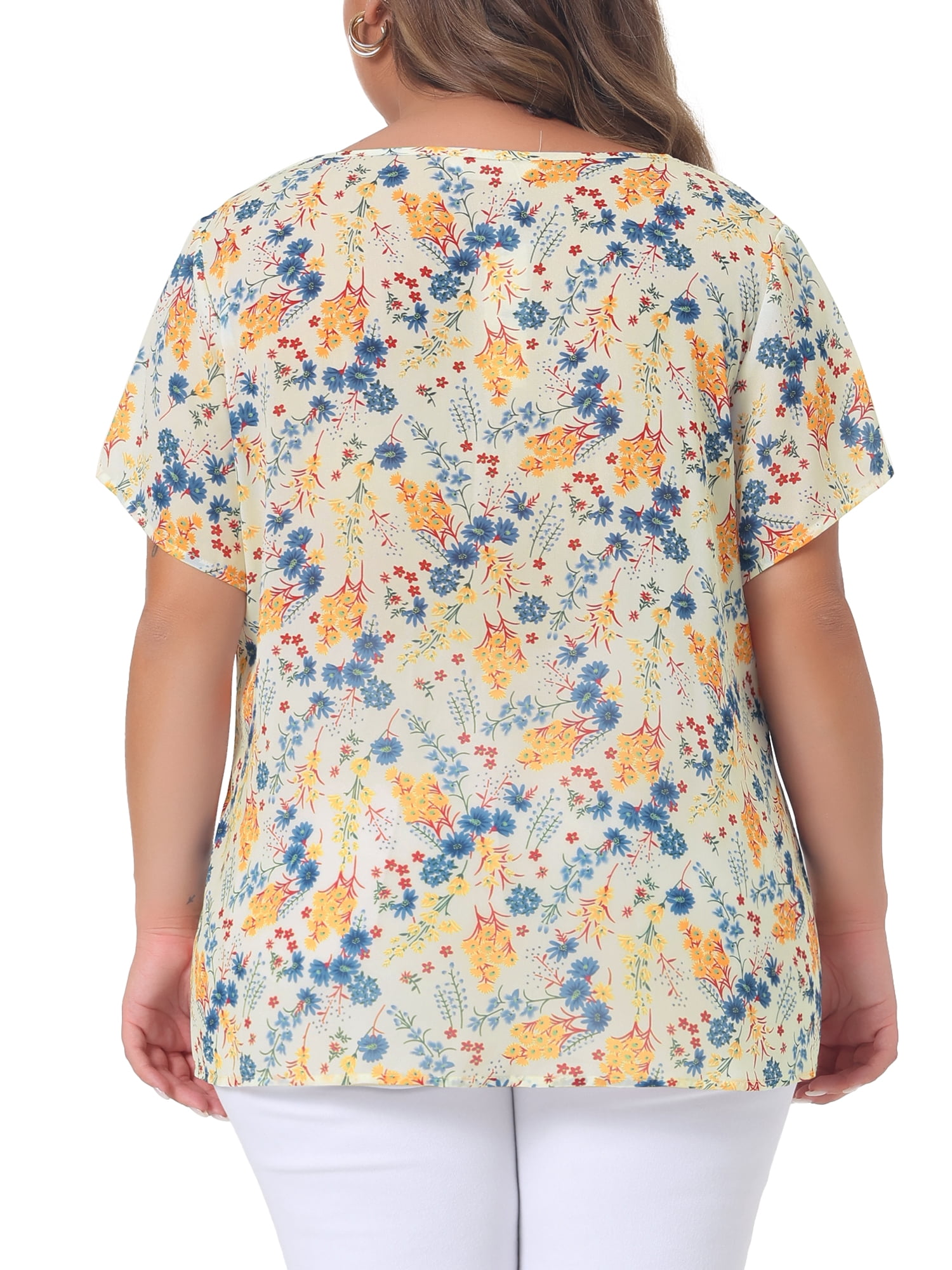 Unique Bargains Women's Plus Size Floral Half Placket Short Sleeve Blouses 3X Beige