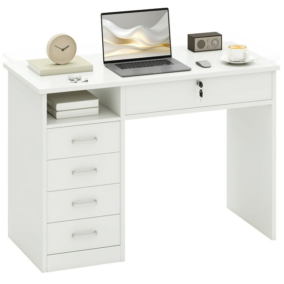 Vinsetto Computer Desk with Lockable Drawer and Open Compartment, White