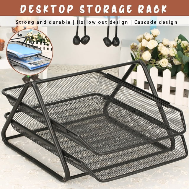 Shelf 1-Piece Black Metal Mesh Desktop Organizer Shelf Double Layer File Storage for Office Supplies and Documents Rkxzt