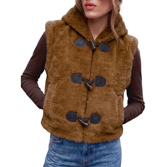 Women's Faux Fur Hooded Vest, Sleeveless Toggle Button Winter Outerwear Jacket with Pockets