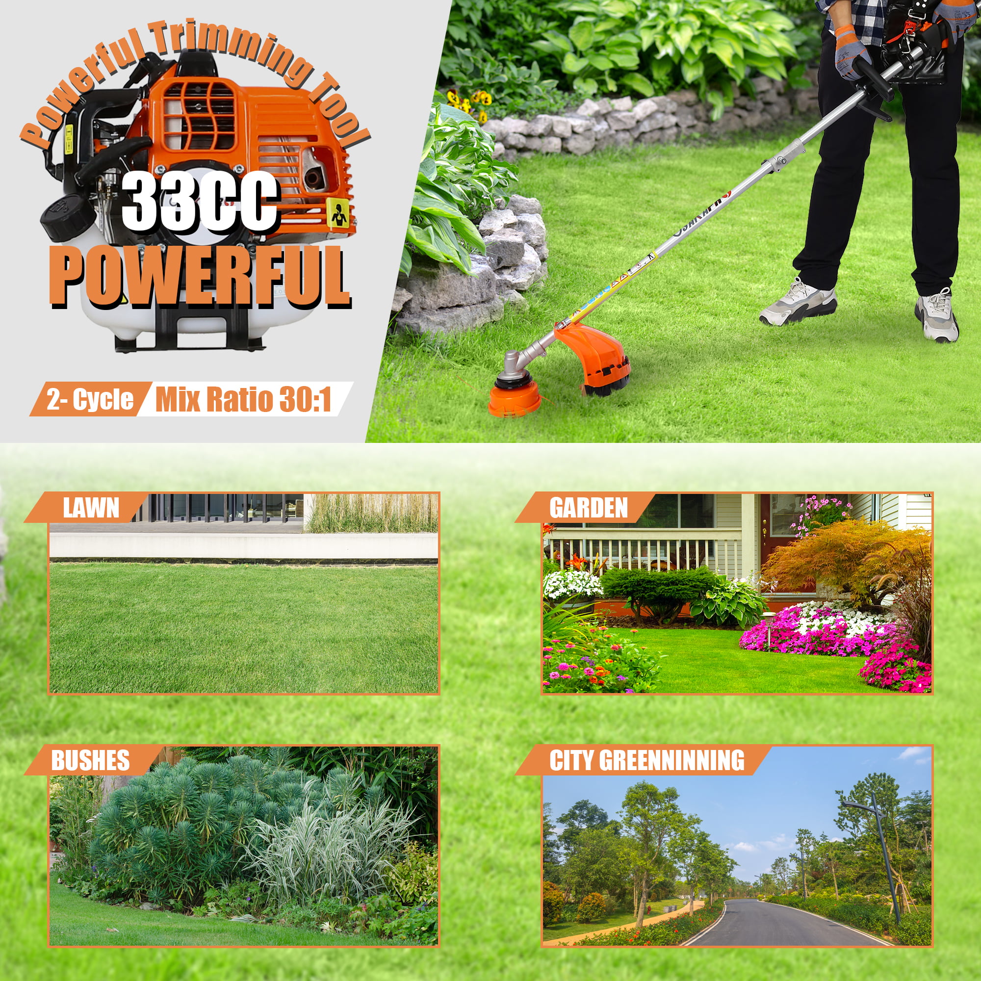 33CC Gas Grass Trimmer 2-Cycle, Sesslife 4 in 1 Trimming Tool Kit with Gas Pole Saw, Hedge Trimmer, Grass Trimmer, Brush Cutter, Full Crankshaft Weed Eater Lawn Mower for Garden Lawn Yard, Orange