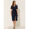 thumbnail image 3 of INSPIRE CHIC Women's Polka Dots Button Decor V Neck Split Belted Dress Navy L, 3 of 5