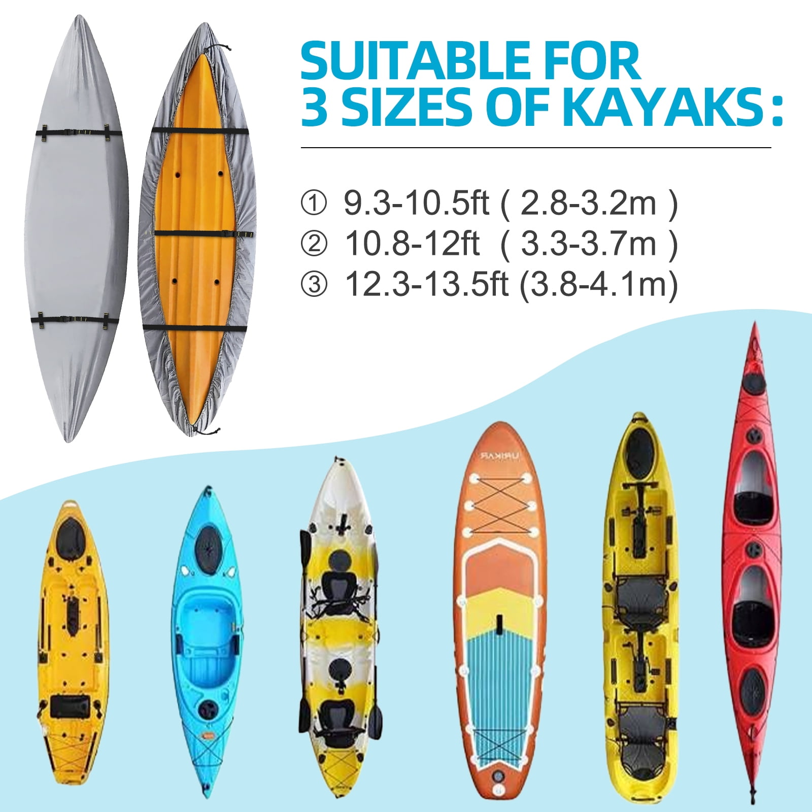 Seapisode 600D Kayak Cover,Heavy Duty Tear Resistant Canoe Cover, Waterproof & UV-Proof Trailerable Kayak Covers for Outdoor and Indoor Storage(Fits 9.3-10.5ft）Gray