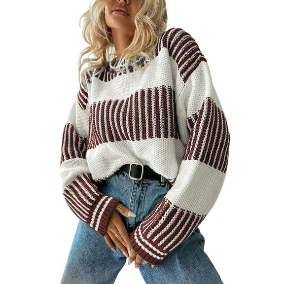 Women's Brown Two Tone Striped Drop Shoulder Sweater – Cozy Casual Autumn Wear [ZhiHiMeRi] | L