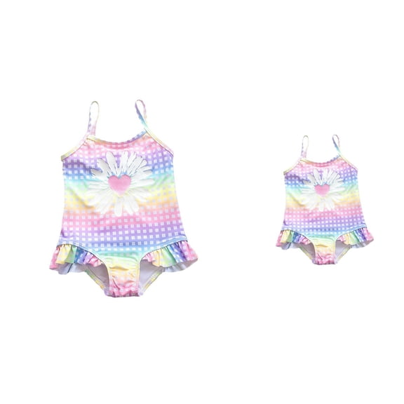 Peachheart Print Check Girls' One-Piece Swimsuit with Ruffles Toddler & Kids Hawaiian Floral Bathing Suit, Breathable Swimwear for Ages 4-10T