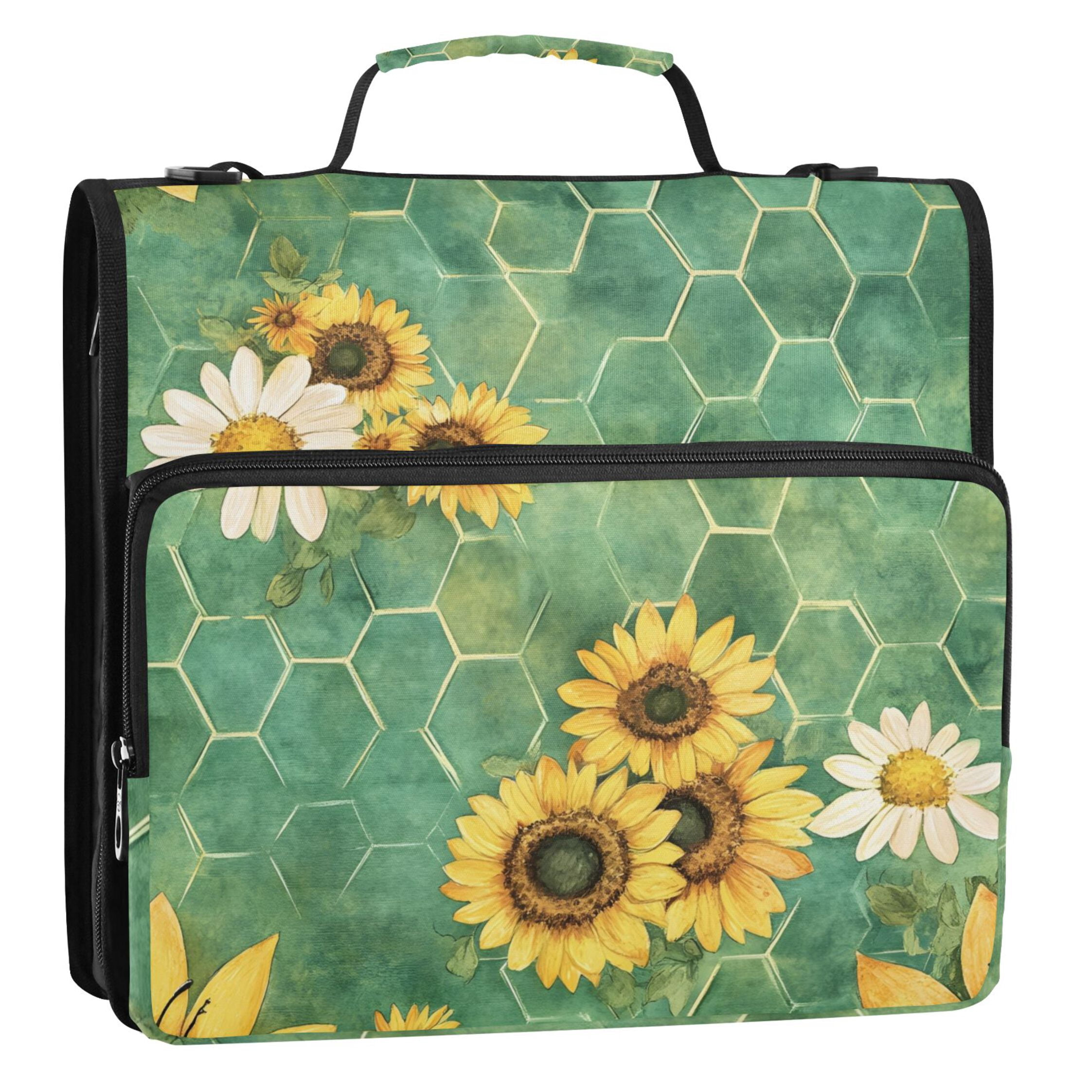 3 Ring Zipper Binder with Shoulder Strap Waterproof Trapper Keeper 2 Inch D-Ring 500 Sheets Capacity Bee Beehive Sunflower