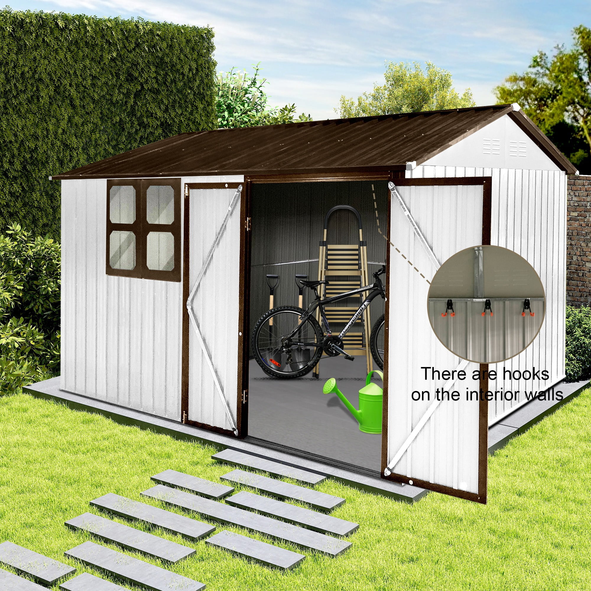 Aukfa 10FT x 8FT Outdoor Storage Shed, Metal Shed Storage with Window, Roof Slope Tool Shed with Door and Padlock for Backyards, Patio Lawns and Outdoor, White