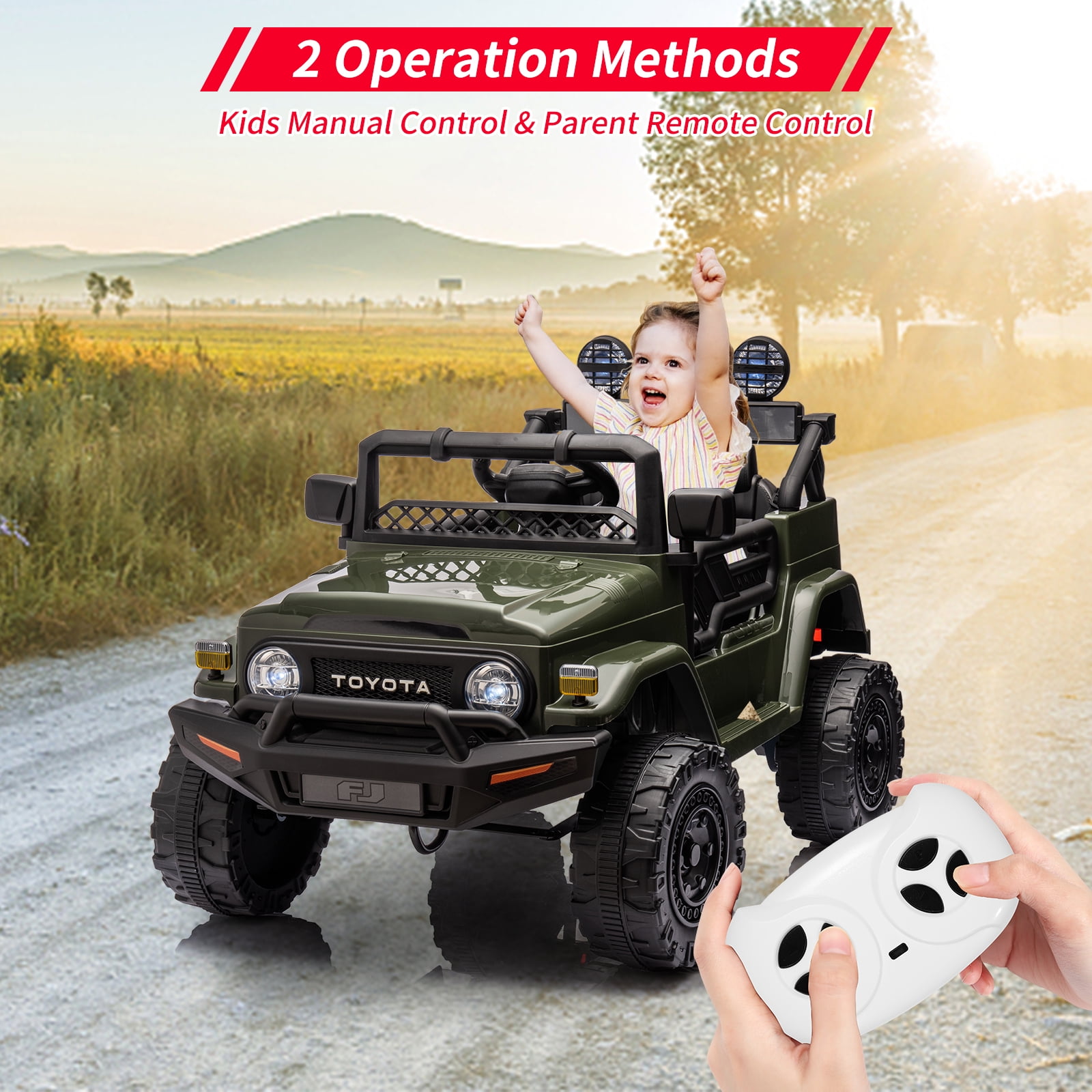 EastVita 12V Ride On Truck Car with Remote, Spring Suspension, and LED Lights Green