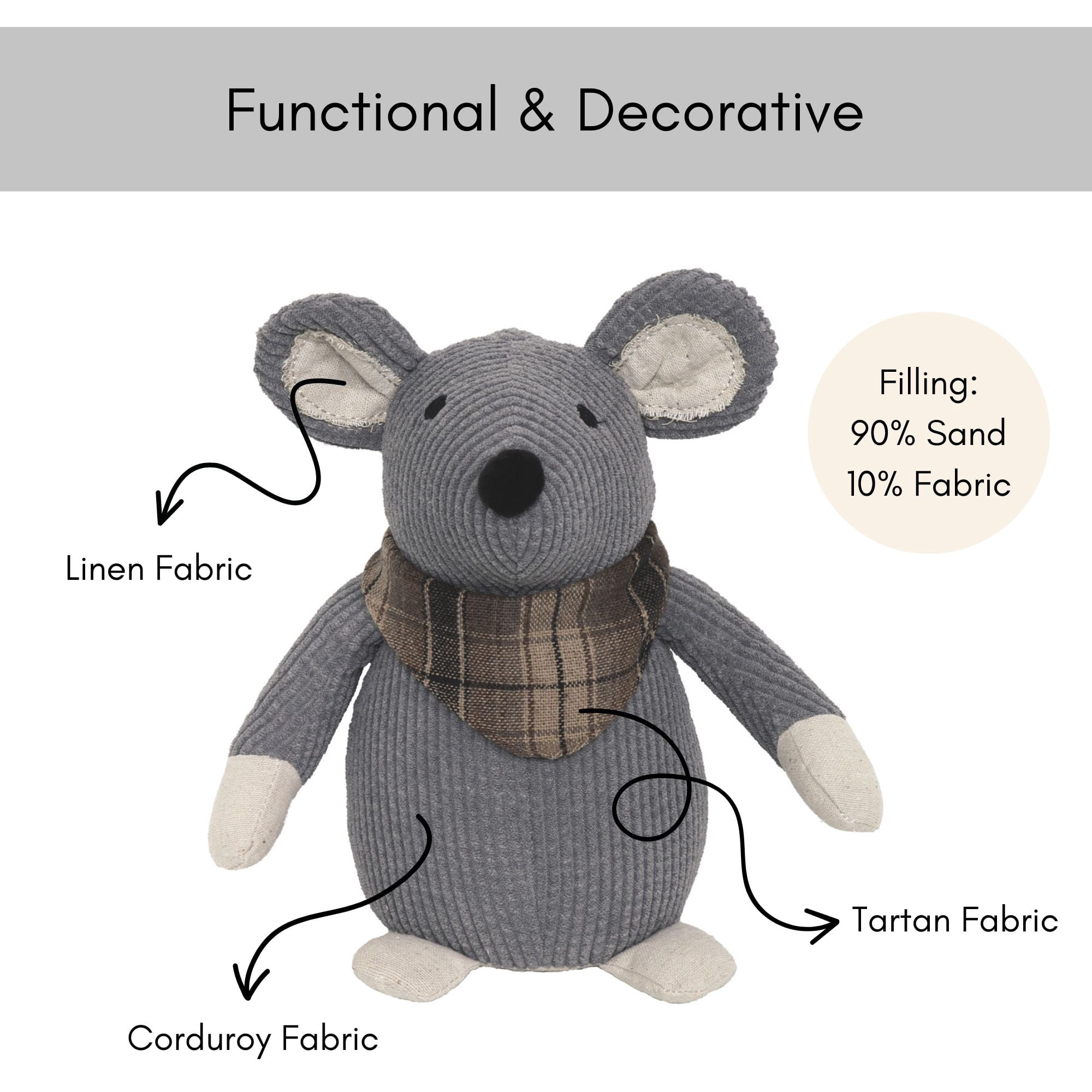 Decorative Mouse Door Stopper - Weighted Animal Doorstop, 2.3 lb., Functional and Cute, Corduroy Fabric - Keeps Doors Open and Prevents Slamming, Perfect for Home or Office - Gray