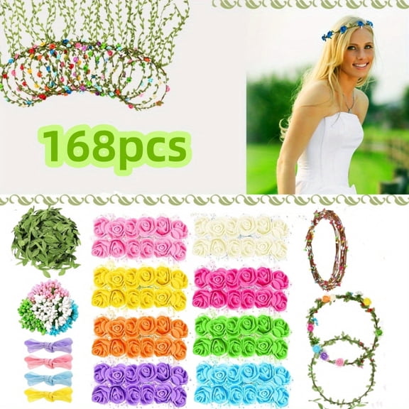 168-Piece Floral Crown Making Kit, DIY Flower Wreath Headband & Bracelet Craft Set for Parties and Events