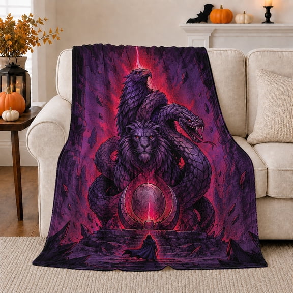 Dragon and Lion Guardian with Red Orb, Purple Fantasy Style for Mythic Art Lovers, Fiery Creature Scene and Birthday Gift, Soft Flannel Blanket for Game Room, Home Decor