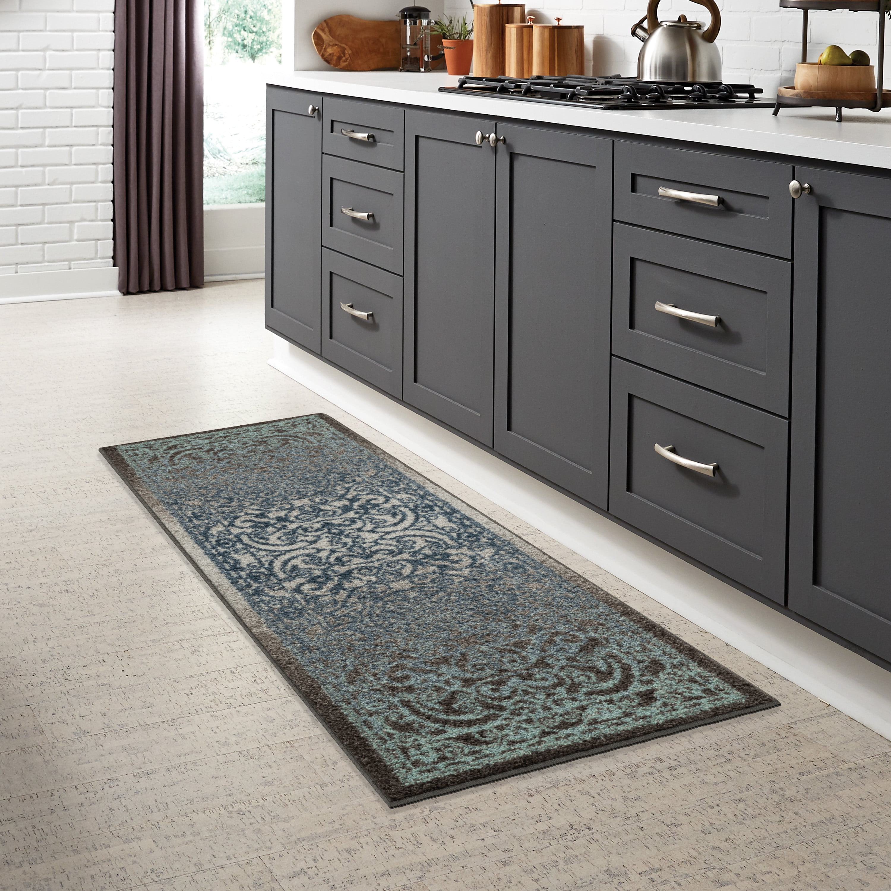 Maples Rugs - A - Pelham Medallion Washable Indoor Runner Rugs, 1'8 x 5', Charcoal/Blue