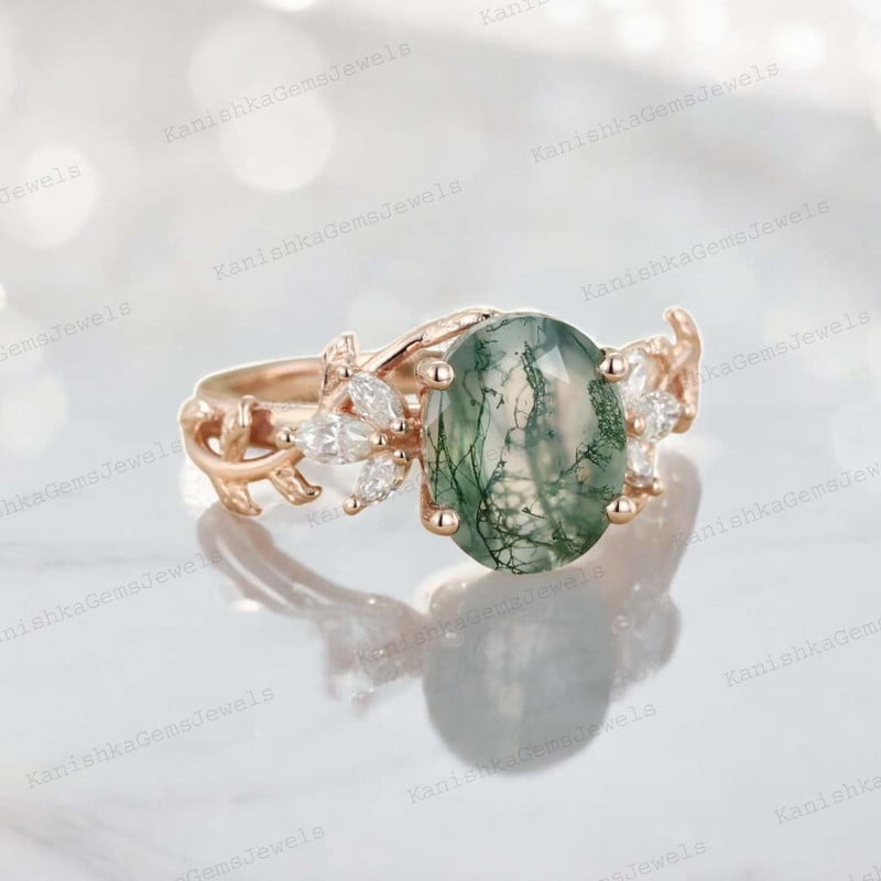 KANISHKAGEMS&JEWELS 2Ct 8x6mm / Natural Moss Agate Engagement Ring CZ Diamond Twig Ring Nature Inspired Women Jewelry Proposal Gift Ring for Lover