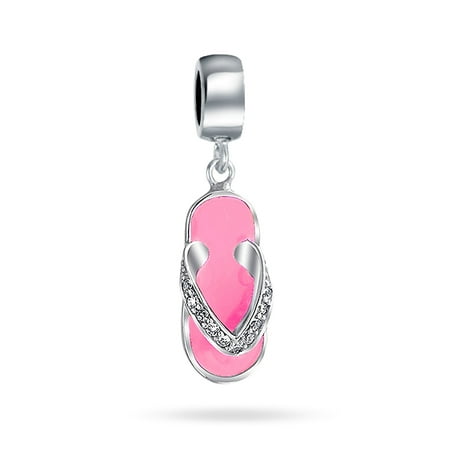 Pink Silver Charm Vacation Flip Flop Sandal Pink CZ Dangle Travel Charm Bead For Women Sterling Silver Fits European Bracelet ()