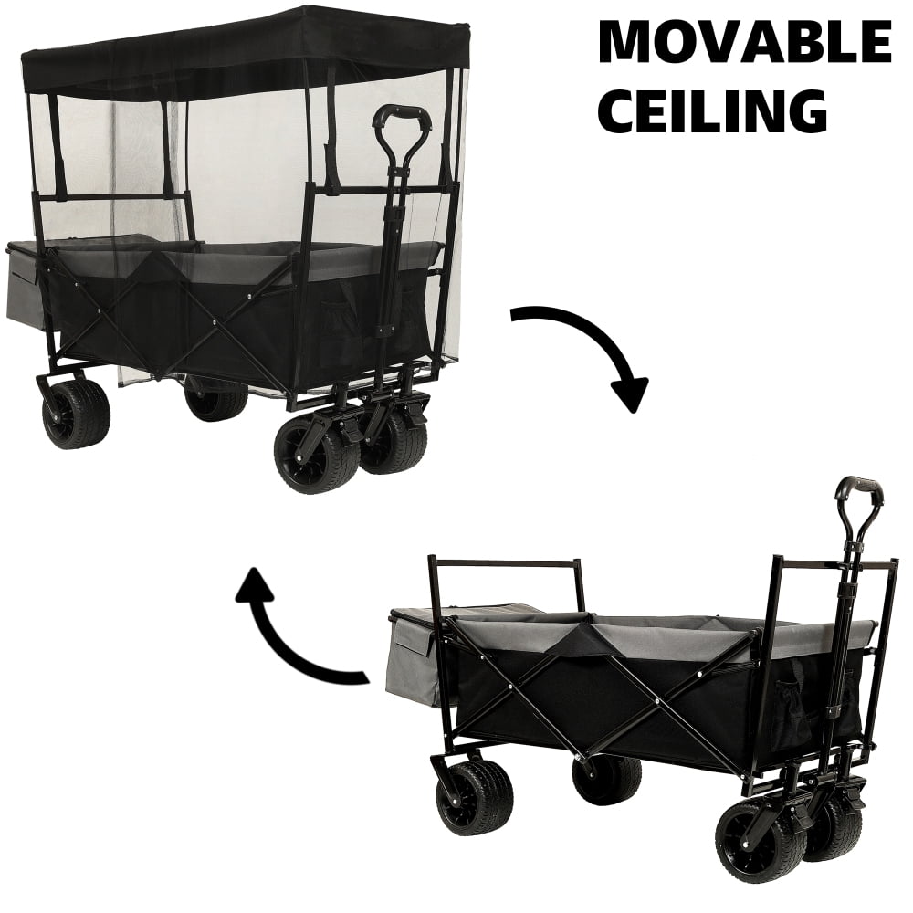 Hassch Collapsible Folding Wagon with Canopy and All-Terrain Wheels, Utility Storage Cart with Cooler Bag and Side Pockets, Beach Wagon for Sand, Camping, Sports, Shopping, Black