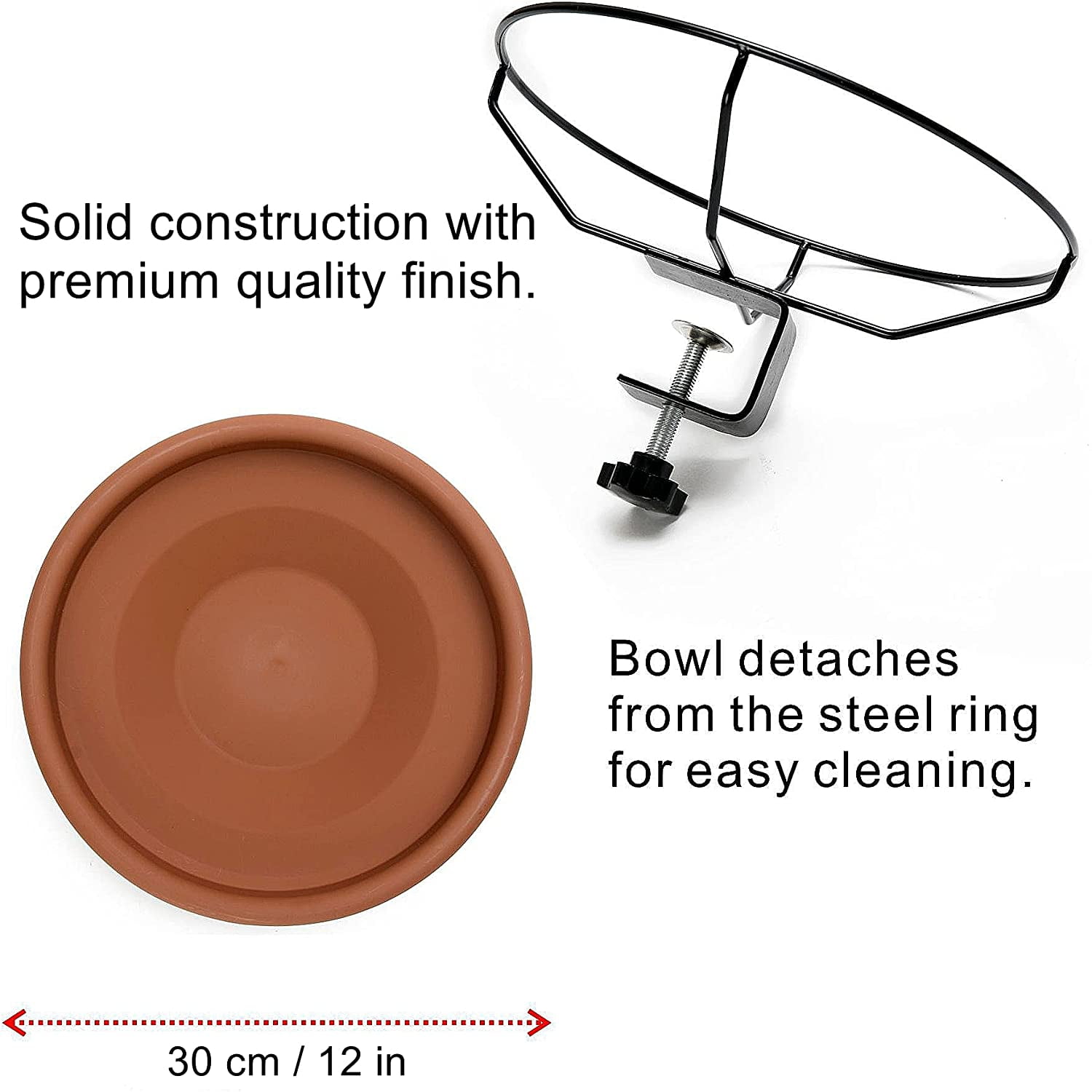Bird Bath Deck Mounted Bowl 12 Inches, Balcony Railing Birdbaths Unheated, Bird Bath Fence Clamp Detachable