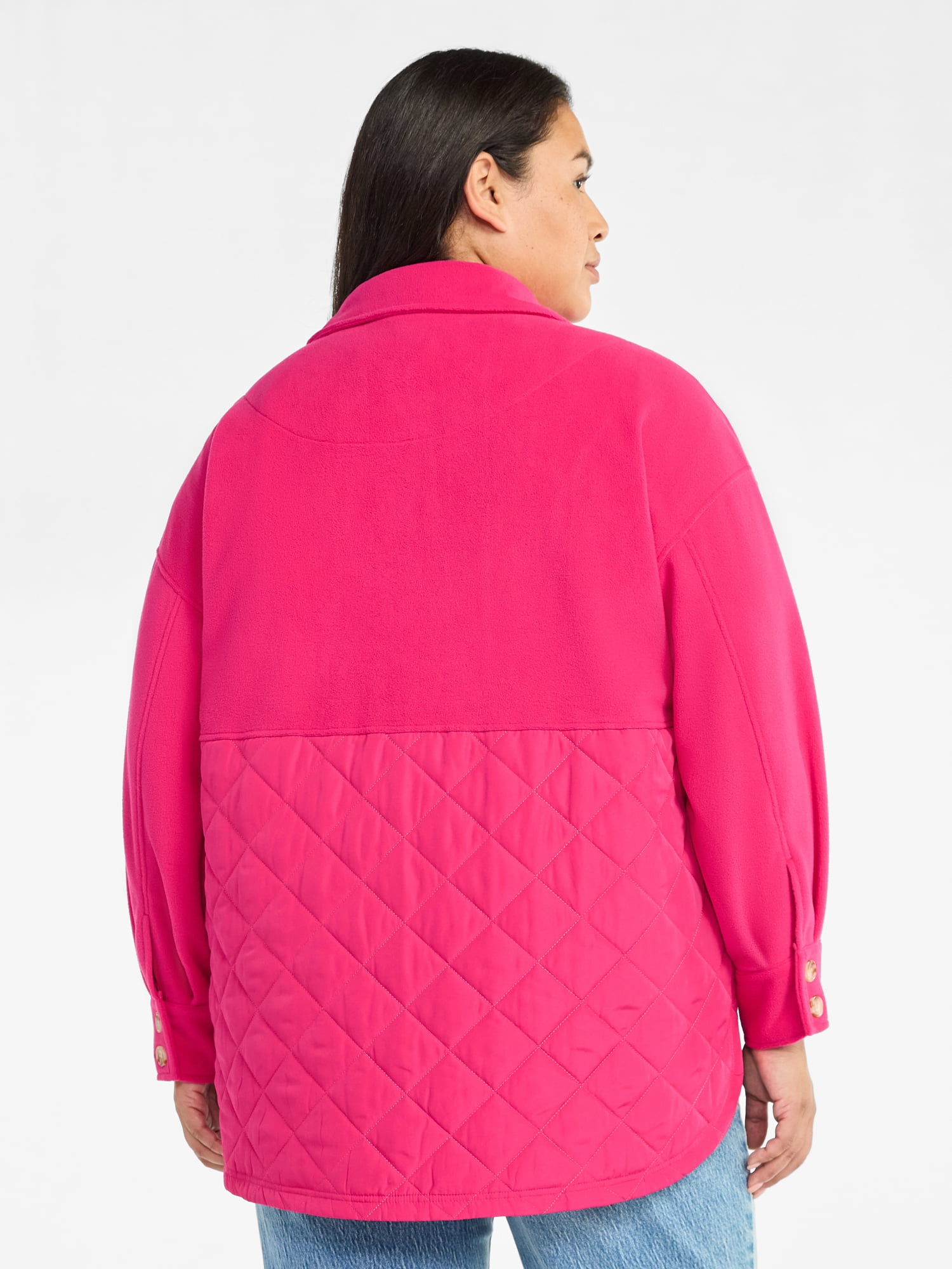 Terra & Sky Women's Plus Size Quilt Mix Button Front Shacket with Long Sleeves, Sizes 1X-5X
