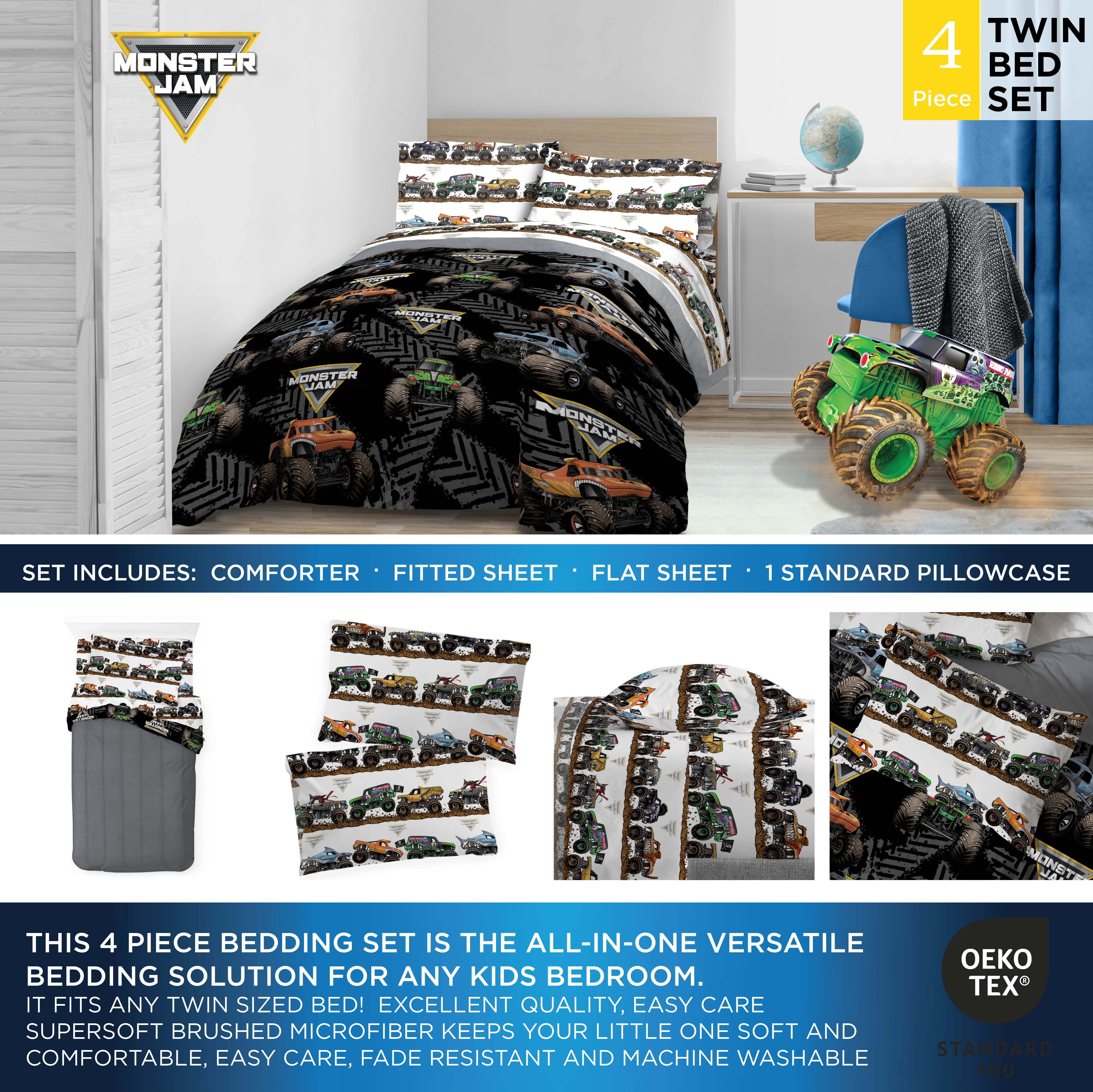 Monster Jam Tracks Novelty Kid's Black 100% Microfiber 5-Piece Bed Set, Twin