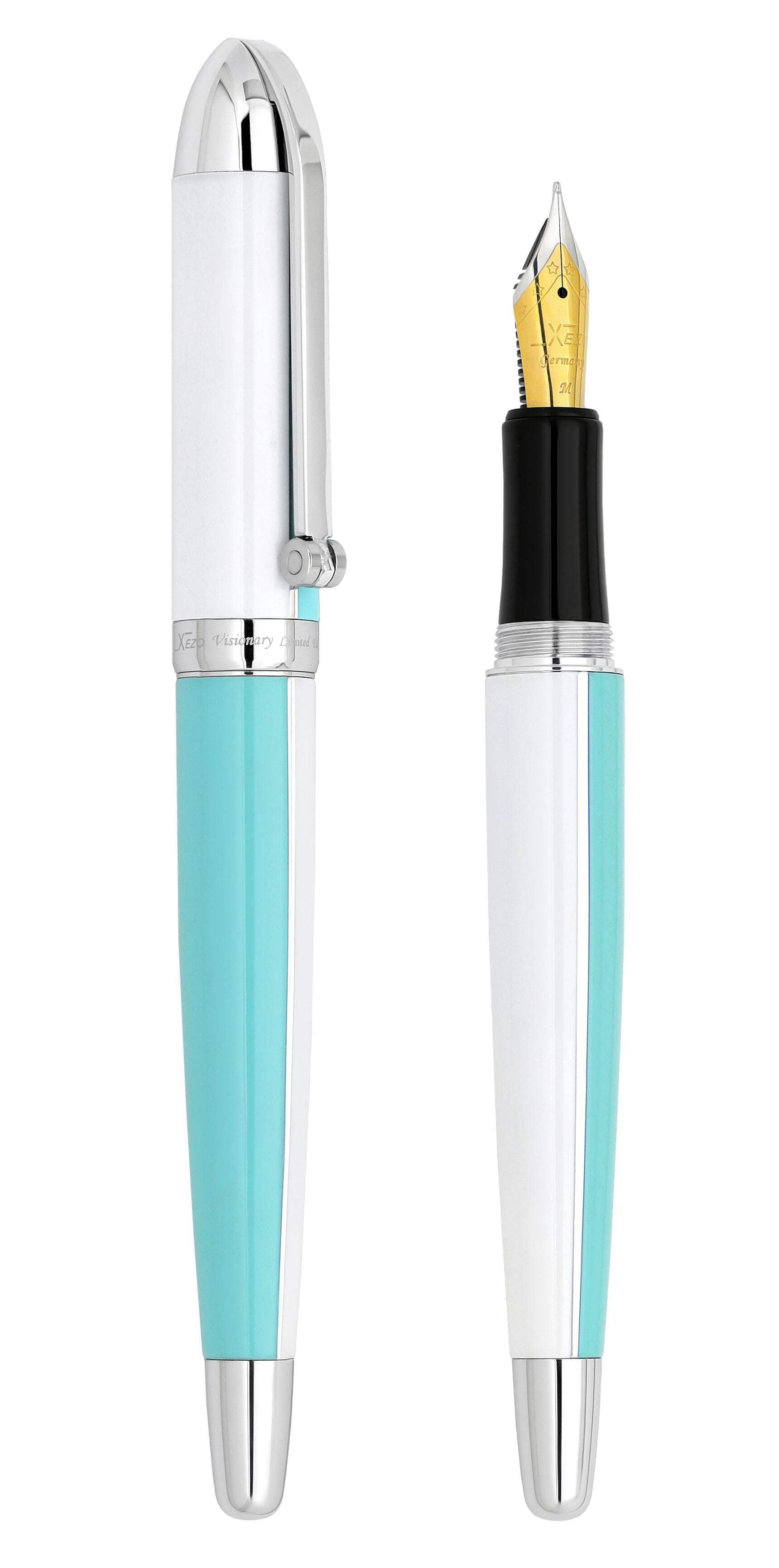 Xezo Xezo Visionary® Brass  Aluminum Enameled Fountain Pen (Medium Nib) - Sky Blue / White