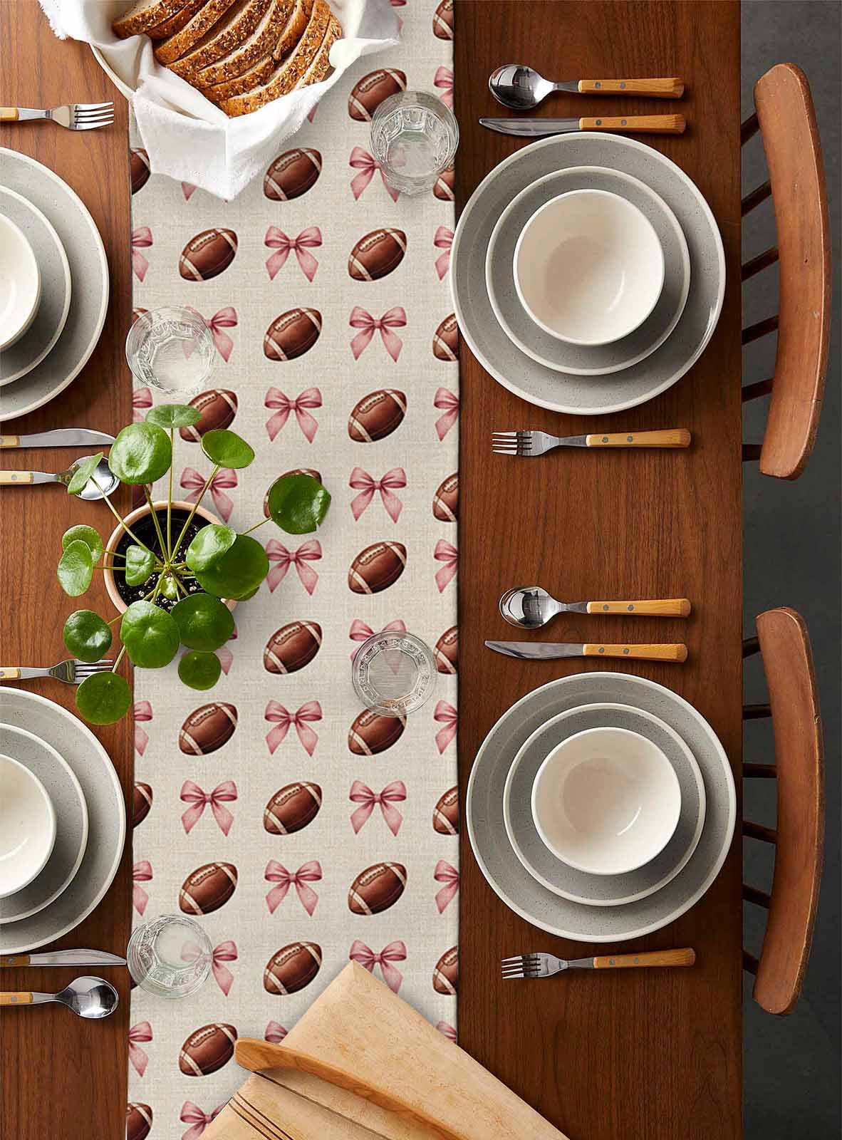 Pink Bow Football Table Runner 90 Inches, Modern Game Balls Retro Burlap Bed Runner Dresser Scarves Tabletop for Indoor Outdoor Parties/Ceremony/Banquet, 13" x 90"