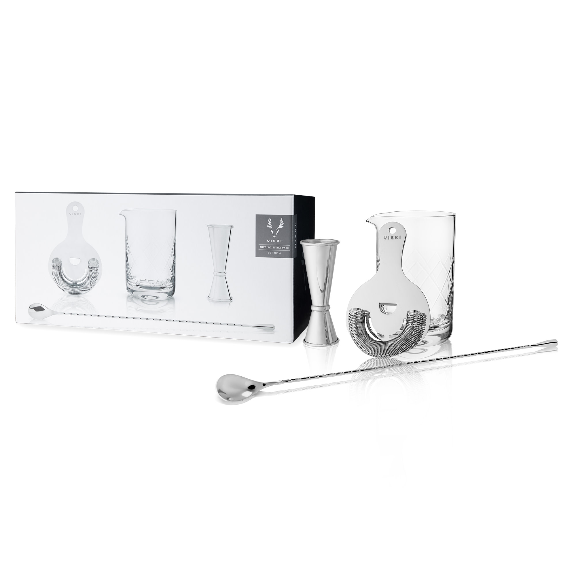 Viski Barware 4 Piece Tool Set, Double Jigger, Mixing Glass, Hawthorne