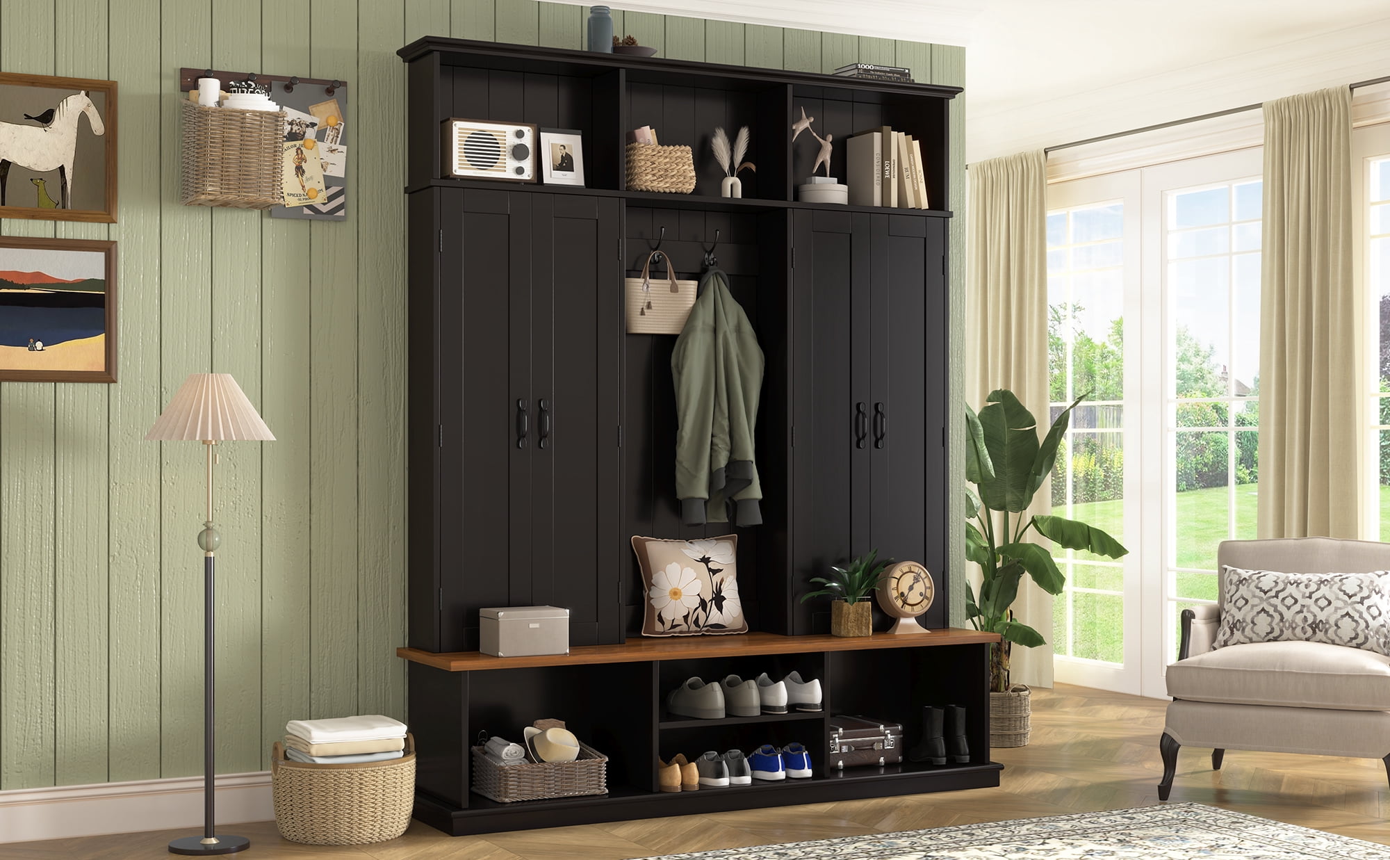 Mintazer 62.2"W Entryway Hall Tree with Coat Rack, Storage Bench & 3 Top Cubbies, Freestanding Shoe Cabinets for Hallway, Mudroom, Bedroom, Black