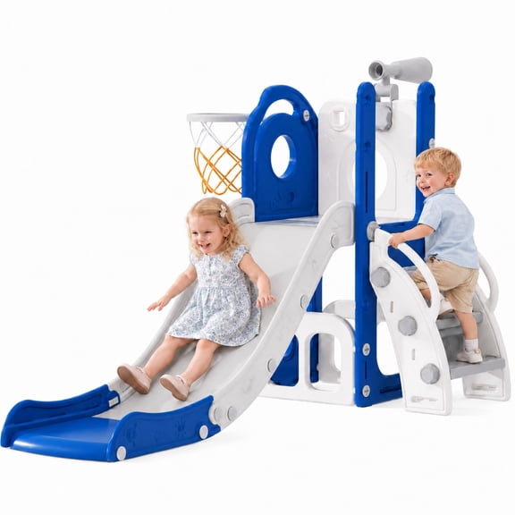 DKMOCO 6-in-1 Toddler Slide, Kids Slide with Basketball Hoop & Telescope, Indoor Outdoor Playset for Toddlers 1-3, Blue Gray