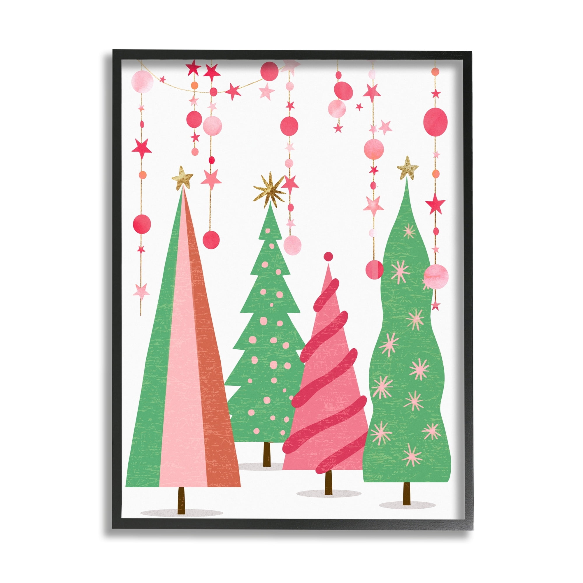 Stupell Industries Pink & Green Christmas Trees Holiday Painting Gray Framed Art Print Wall Art