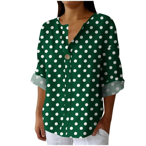 VEKDONE Women's Linen Button Shirts Fall Long Sleeve V-Neck Tunic Tops Polka Dot Print Plus Size Blouse Casual Loose Lightweight Pullover Top