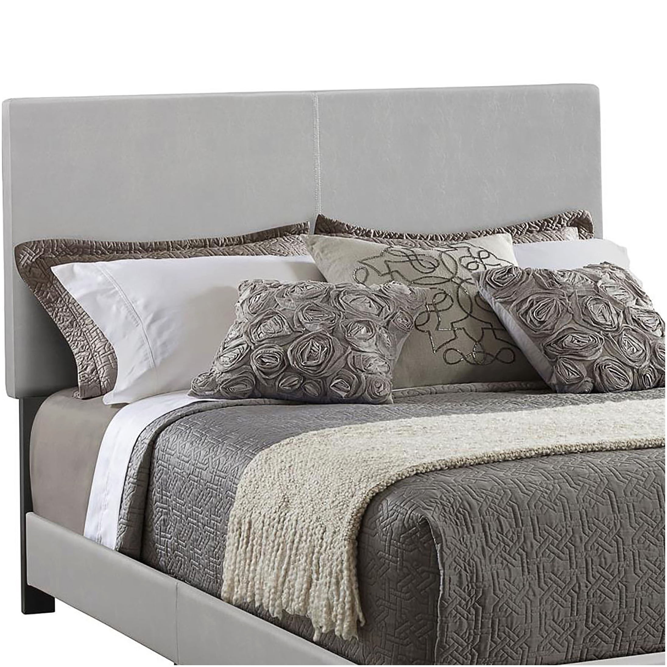 Modern Upholstered Queen Bed Frame with Panel Headboard, Low Profile Platform Bed, Faux Leather, Grey