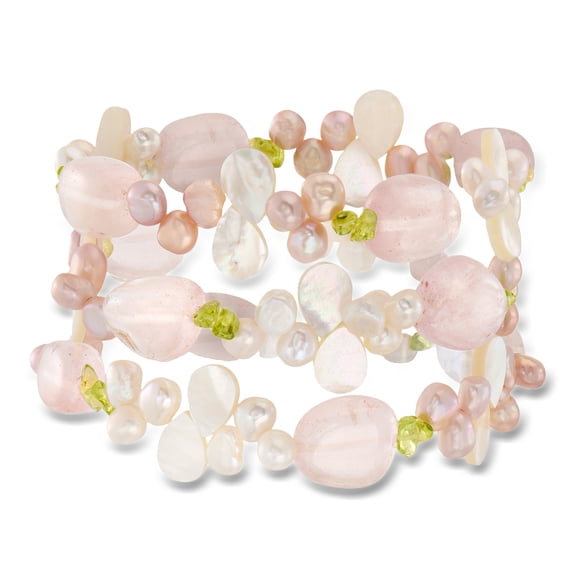 Ross-Simons 5-6mm Cultured Pearl, 100.00 ct. t.w. Rose Quartz and 11.00 ct. t.w. Peridot Bead Jewelry Set: 3 Stretch Bracelets, Women's, Adult