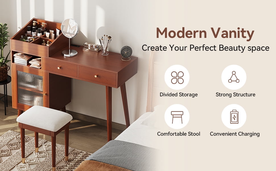 Modern Makeup Vanity Desk with Drawers, Cabinet & Charging Port, Space-saving Dressing Table Set with Stool for Small Places, Walnut