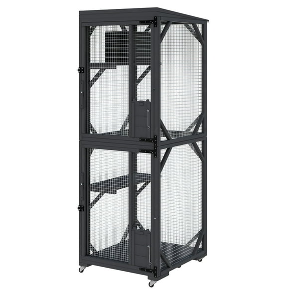Outdoor Cat House – Extra Large Walk-In Catio with 4 Wheels (Black, Multi-Level for Multiple Cats)