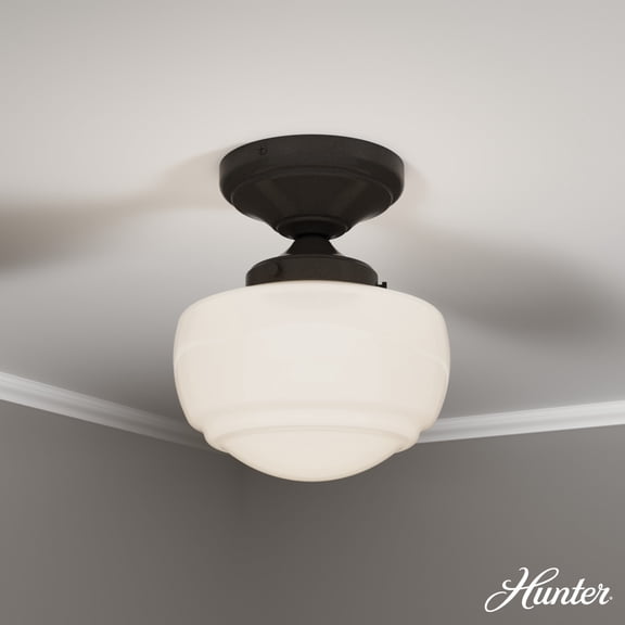 Hunter - Saddle Creek 1-light Noble Bronze, Small Flush Mount Light, Dimmable, Schoolhouse Style, Schoolhouse Shaped, for Bedrooms, Dining, Living Rooms - 19113